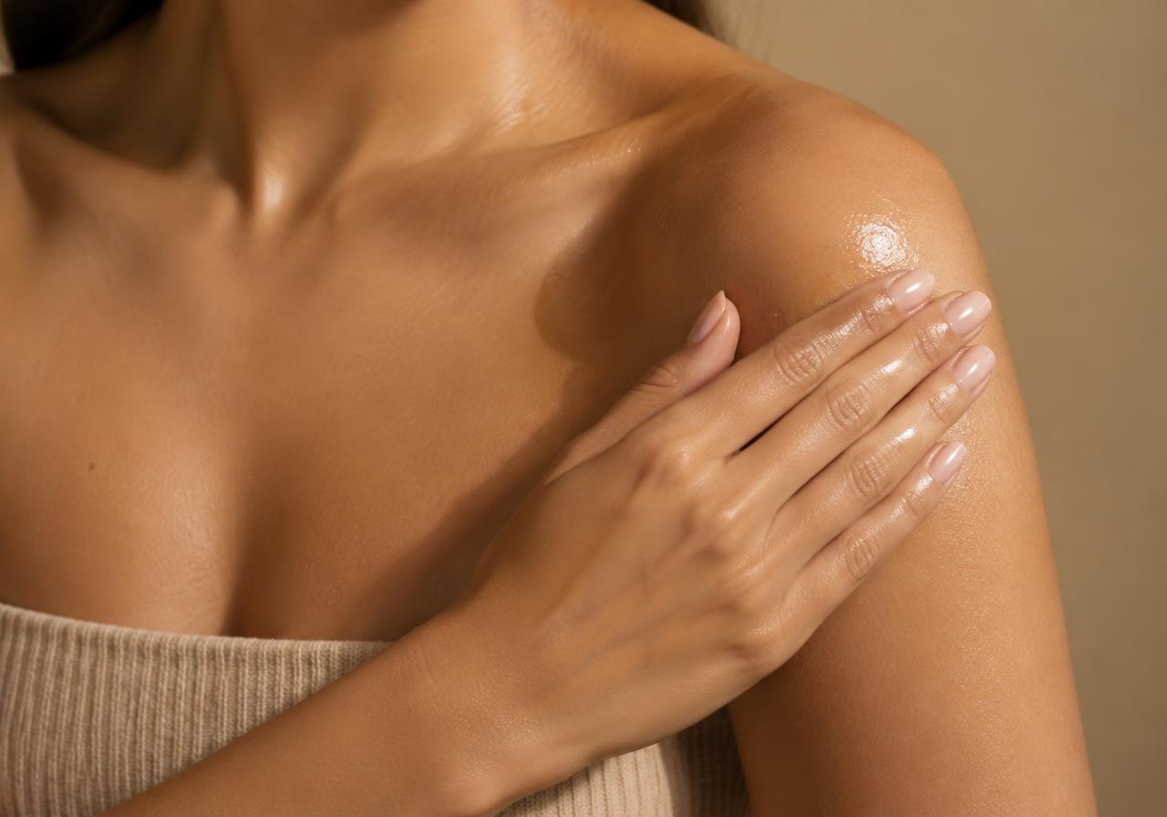 Body oil smoothed over a shoulder and collarbone