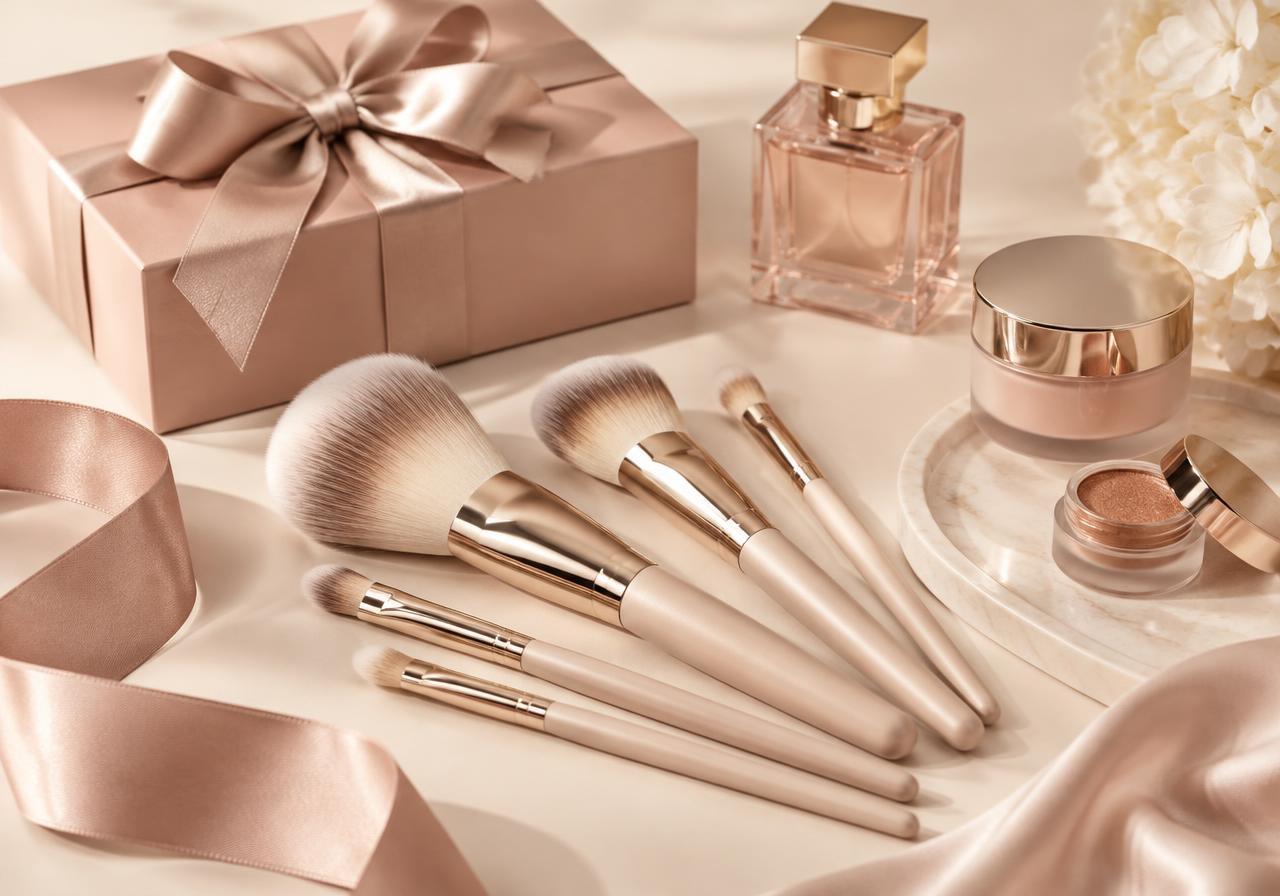 Premium makeup brushes and beauty gift items on a cream surface