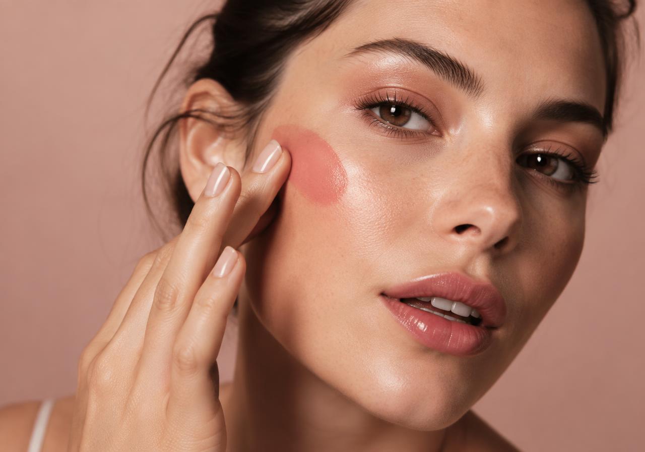 Model applying cream blush to her cheek