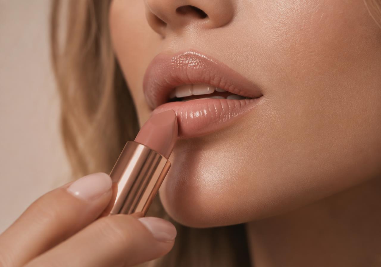 Close-up of a nude lip colour being applied