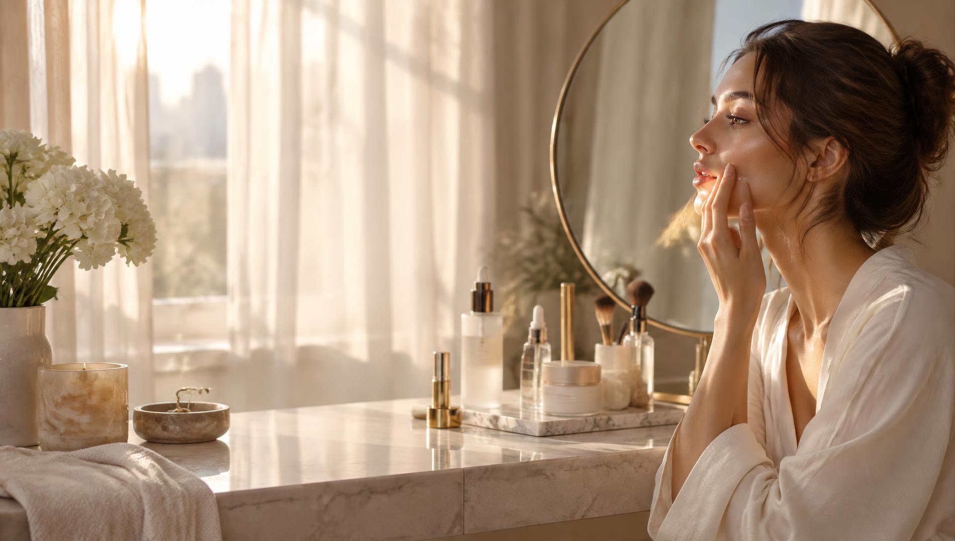 A woman getting ready at a sunlit vanity surrounded by skincare and makeup